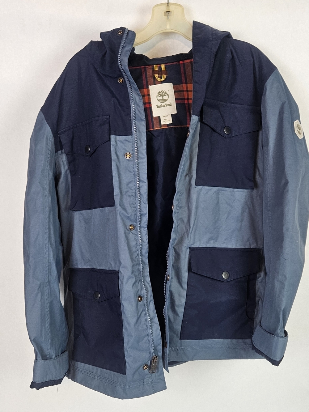 Men's Medium Timberland Two-Tone Navy & Light Blue Hooded Field Jacket